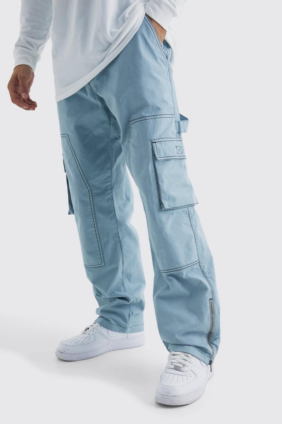 Pantalón holgado estilo carpintero con cremallera en el bajo y costuras en contraste, Slate