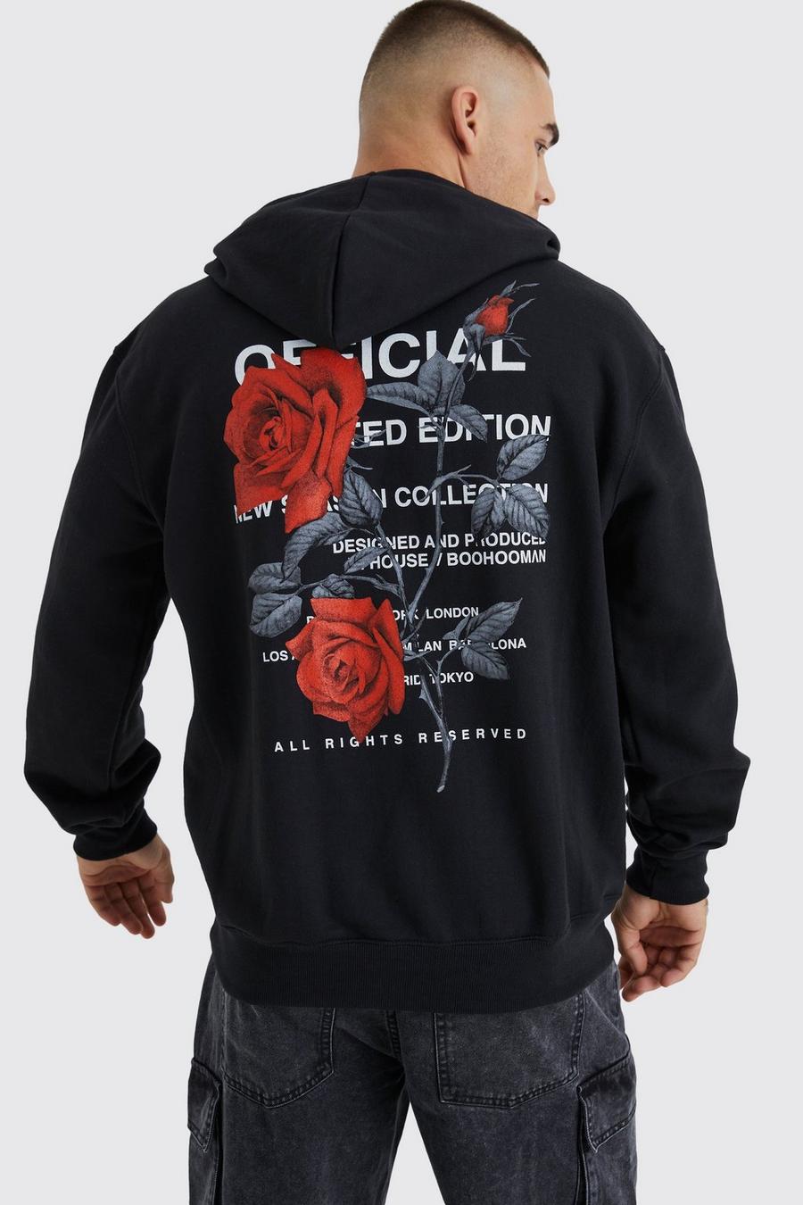 Black Oversized Floral Back Graphic Hoodie