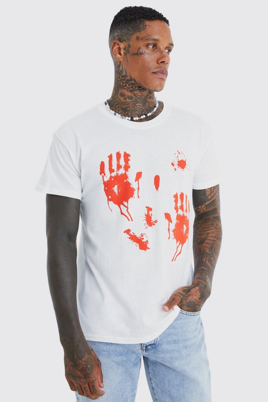 White bianco Halloween Blood Hands Print T-shirt