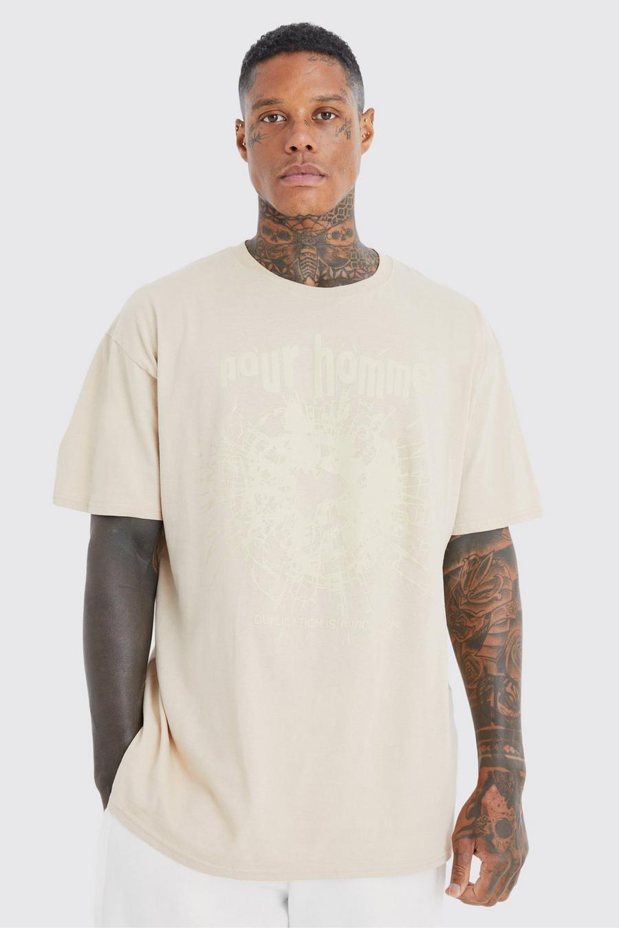 Camiseta oversize con estampado gráfico Pour Homme, Sand image number 1