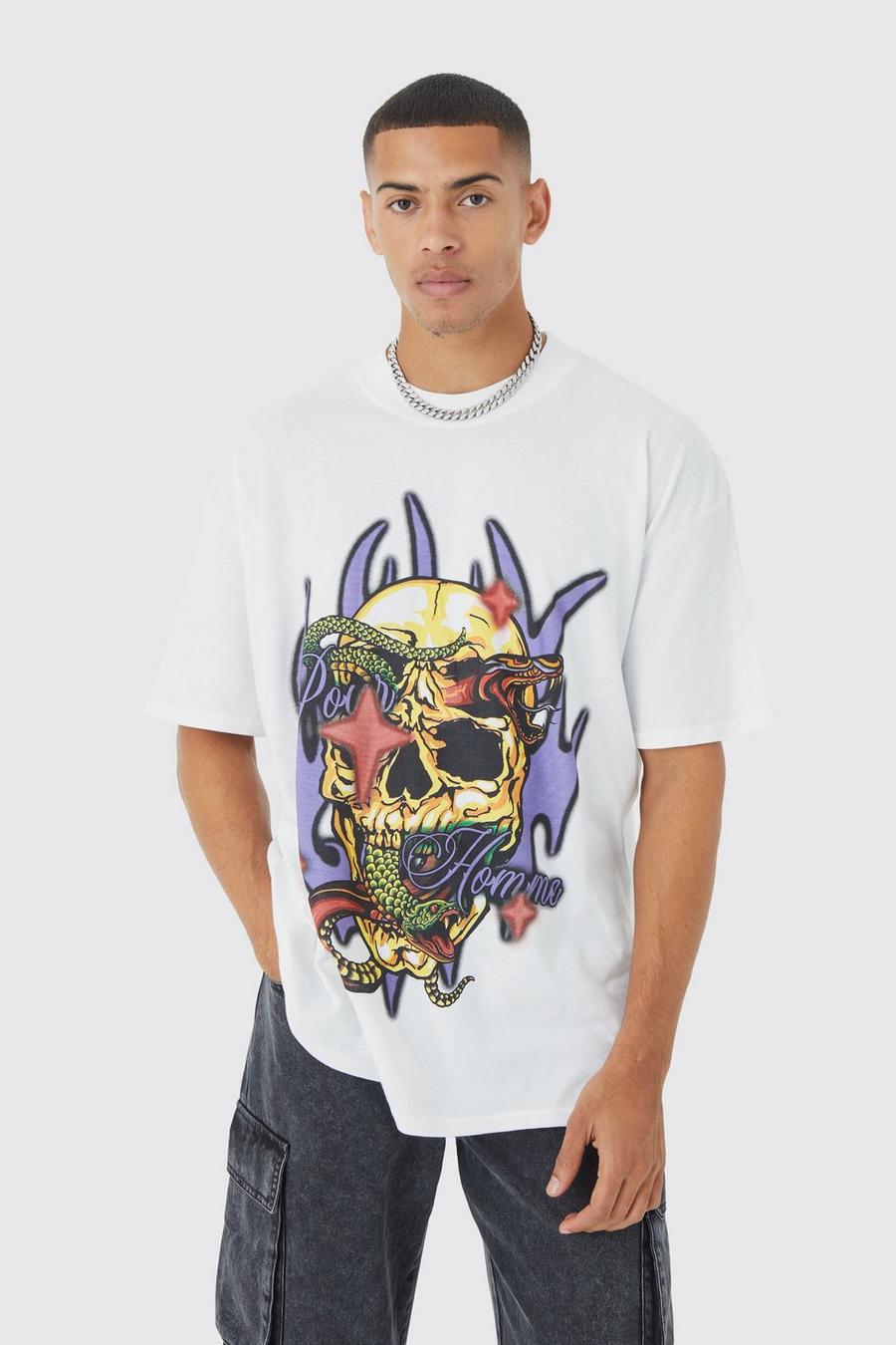 White Oversized Skull Flame Graphic T-shirt