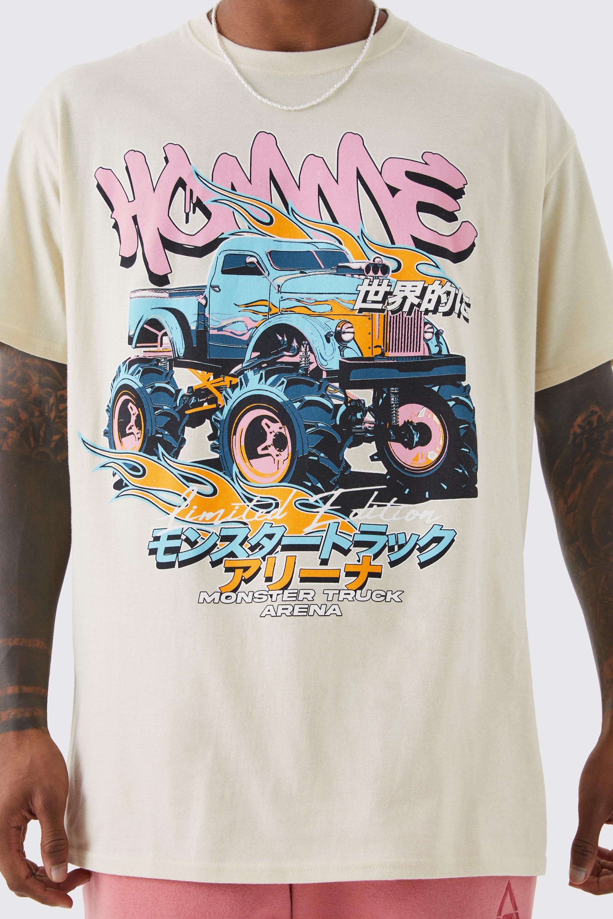 boohooMAN Oversized Extended Neck Car Graphic T-Shirt - Beige - Size M