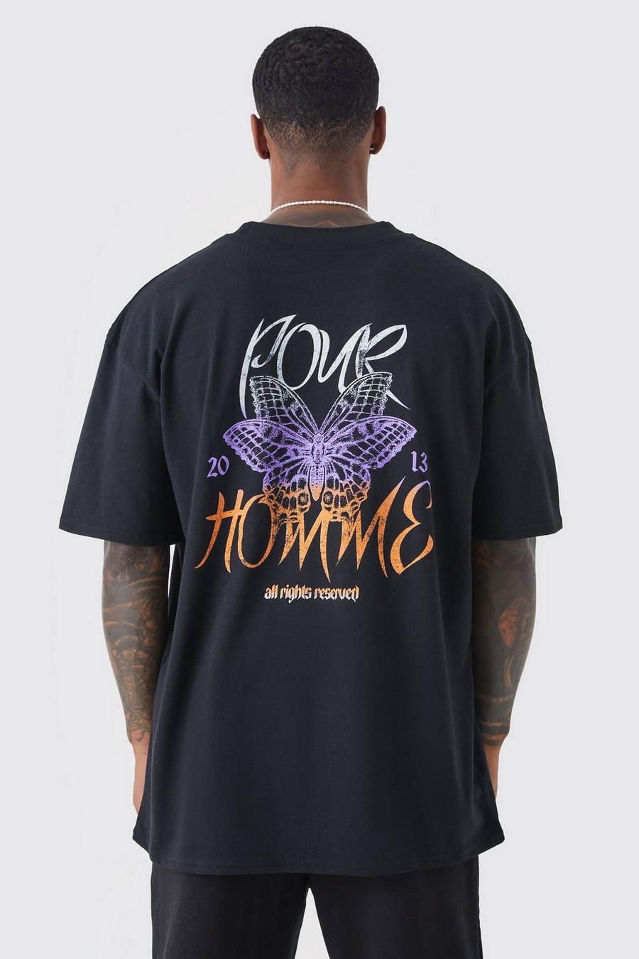 Oversize T-Shirt mit Pour Homme Schmetterlings-Print, Black schwarz