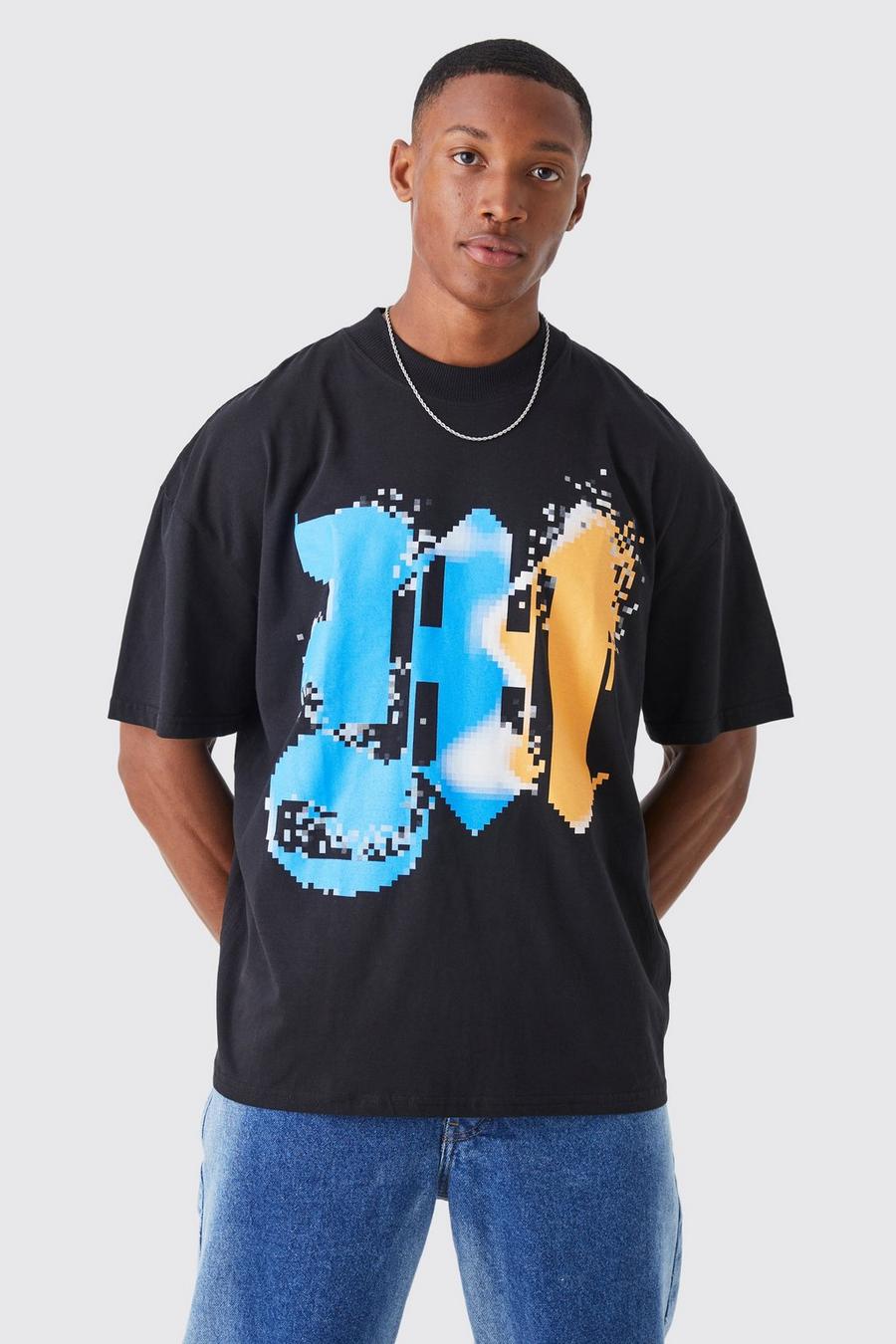 Camiseta oversize con estampado gráfico M de espray, Black negro