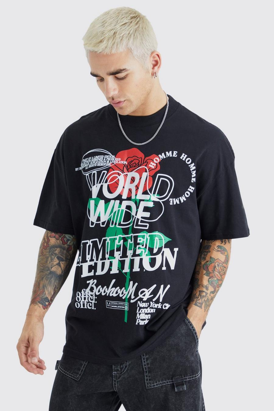 T-shirt oversize con grafica Worldwide di rose sul retro, Black nero image number 1