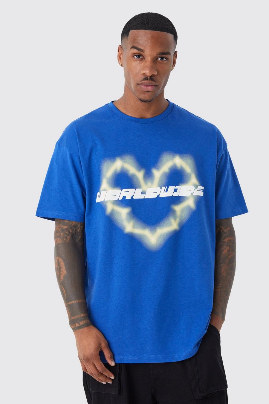 T-shirt oversize Worldwide con cuore, Cobalt