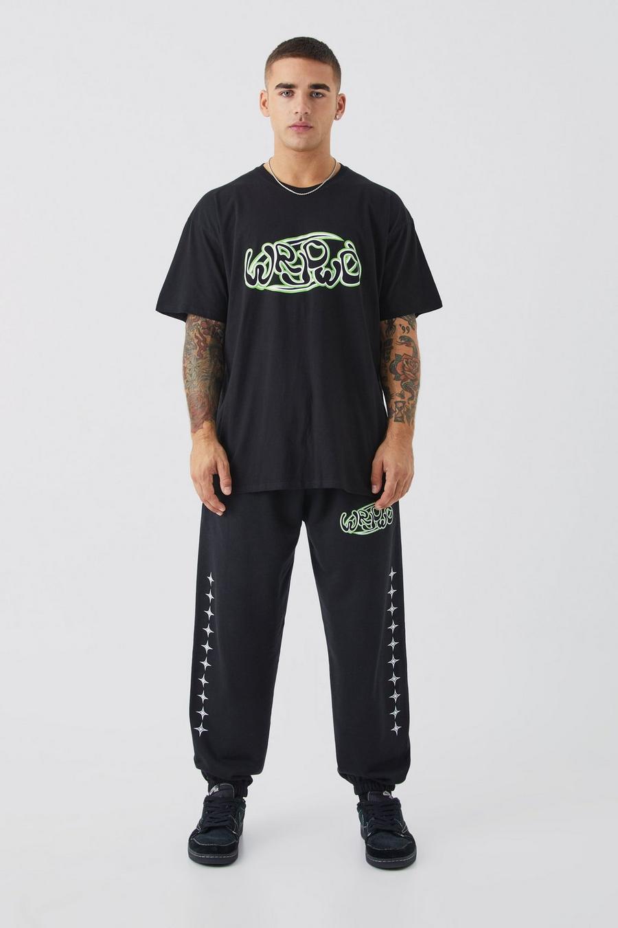 Black noir Oversized Bolletjes T-Shirt Met Print En Joggingbroek Set