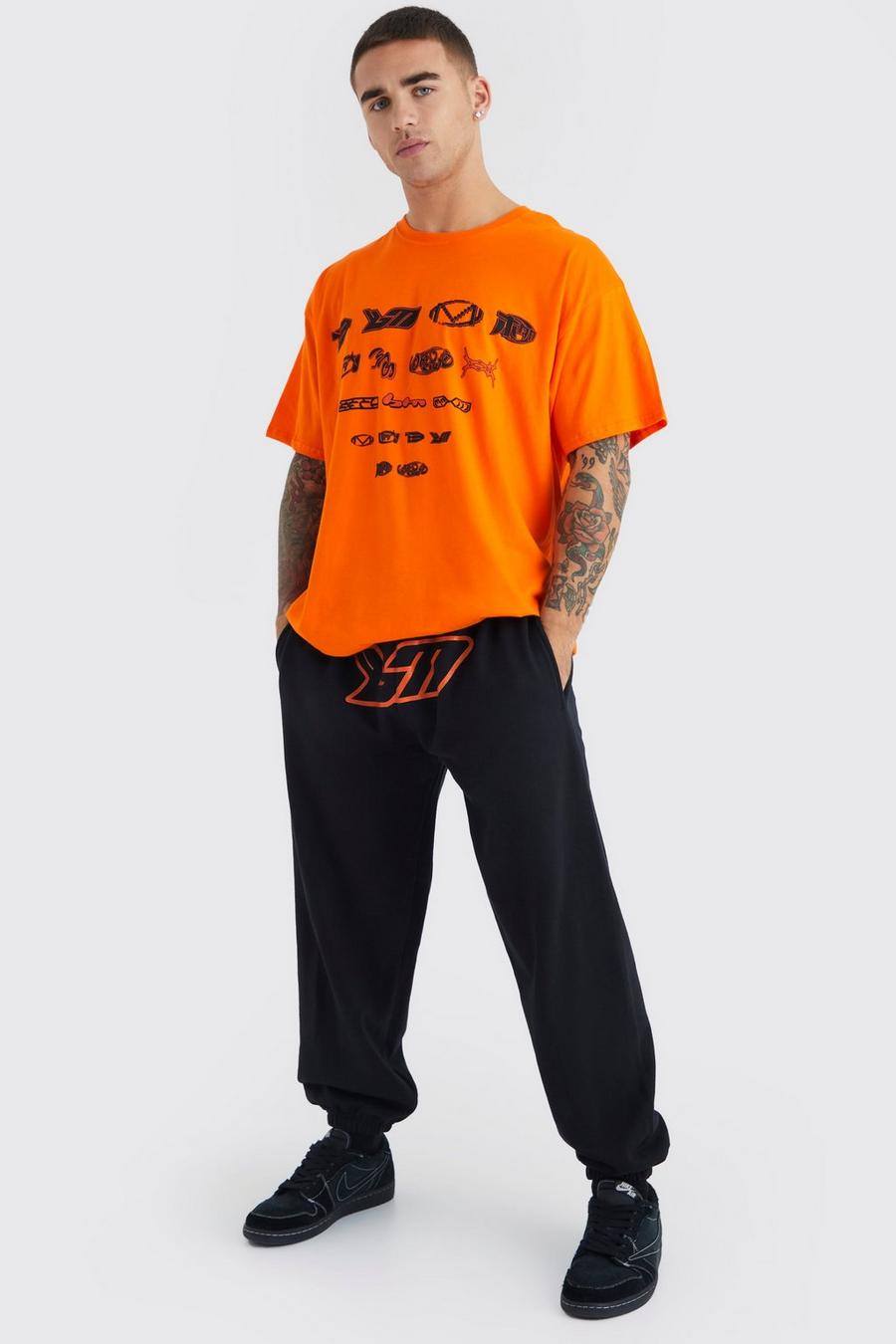 Orange Oversized Bm Crotch Print T-shirt & Jogger Set