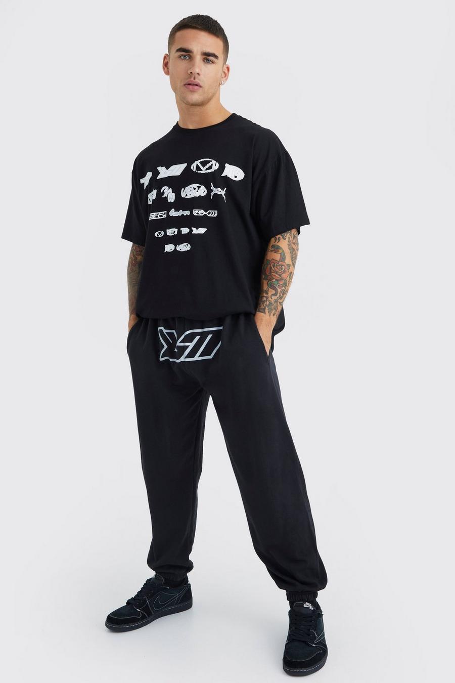 Conjunto oversize de pantalón deportivo y camiseta con estampado BM en la entrepierna, Black negro