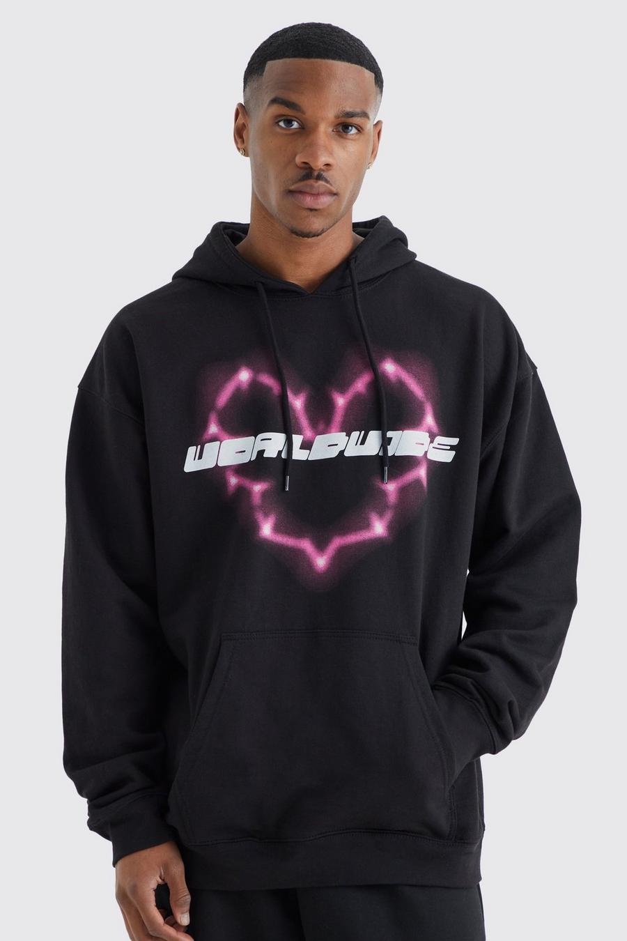 Black Worldwide Oversize hoodie med hjärtan image number 1
