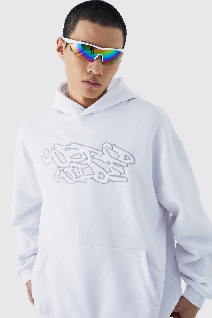 White Worldwide Oversize hoodie med graffititryck image number 1