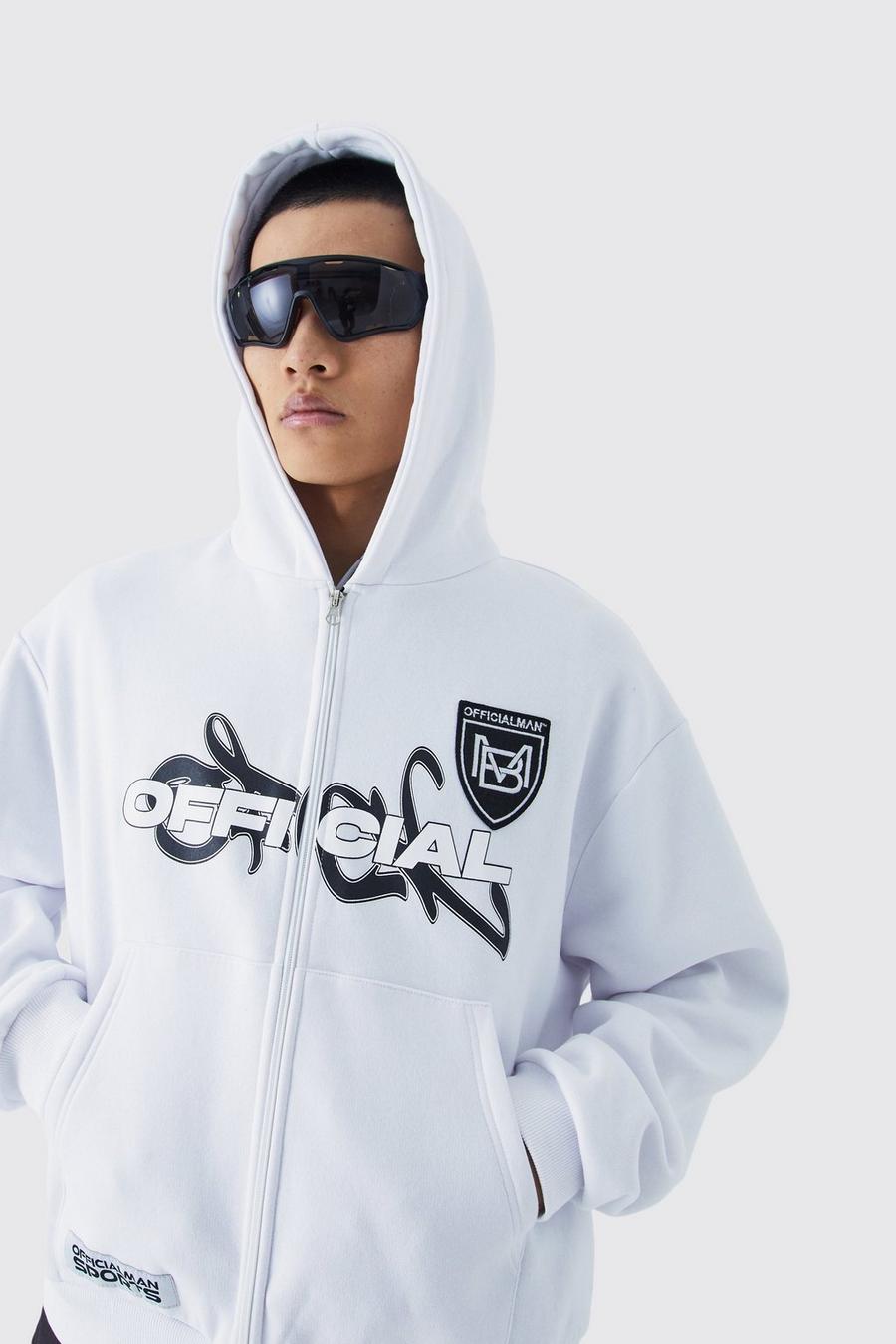 White Official Boxy Oversized Zip Through Hoodie