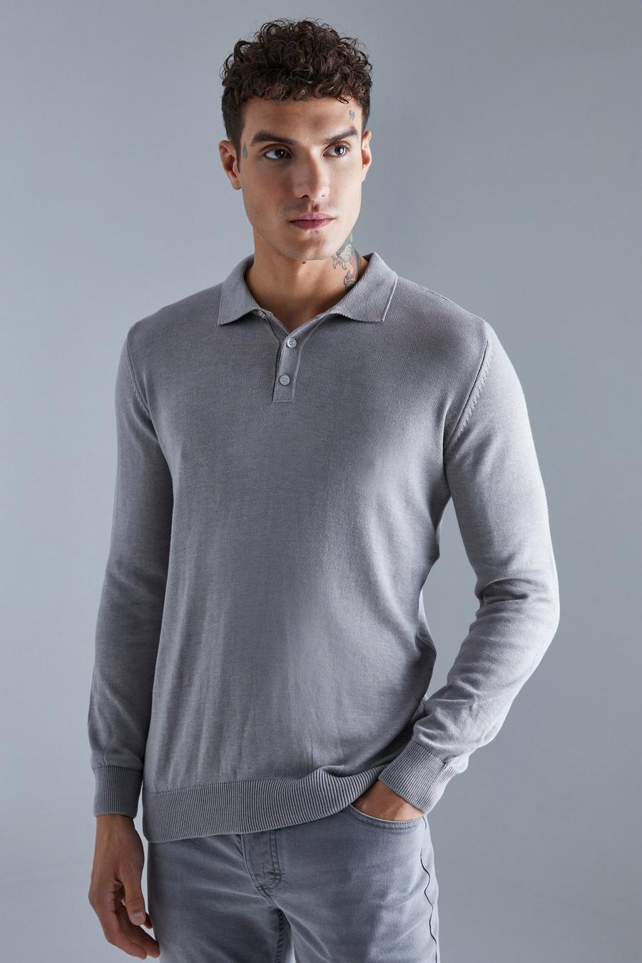 Grey grå Long Sleeve Button Down Knit Polo