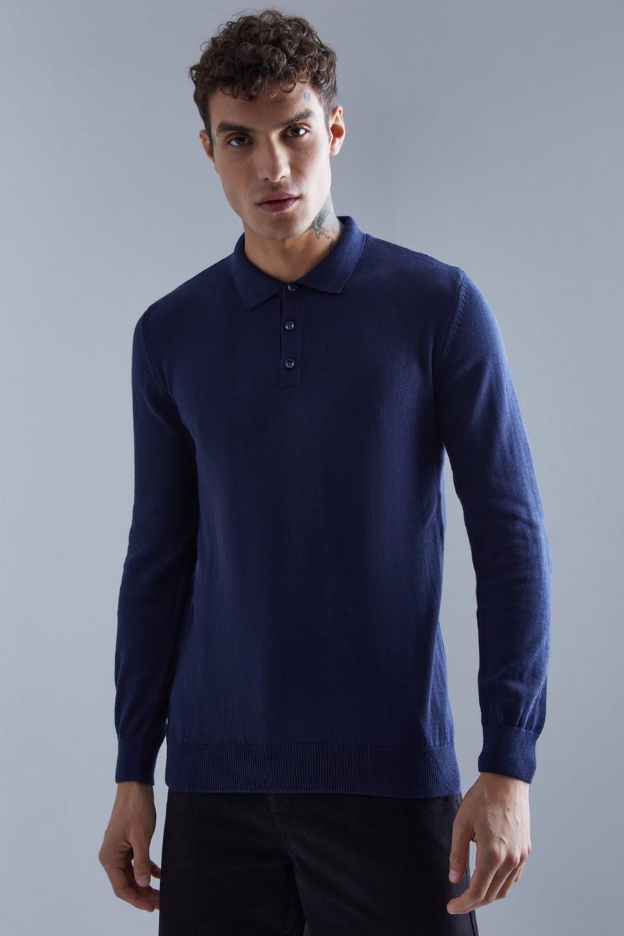 Navy marinblå Long Sleeve Button Down Knit Polo