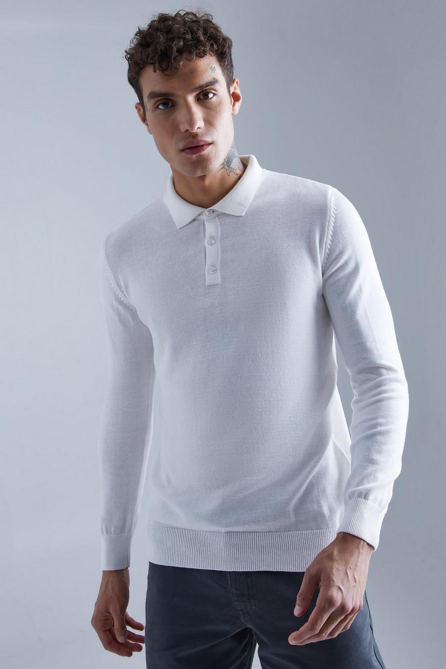 Ecru Long Sleeve Button Down Knit Polo image number 1