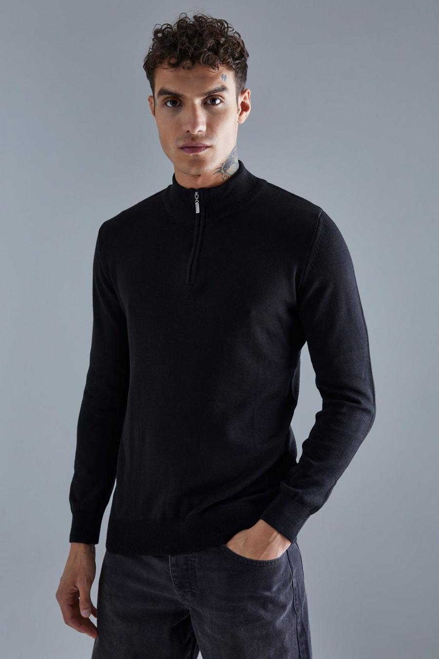 Maglione in maglia con zip corta e girocollo esteso, Black negro