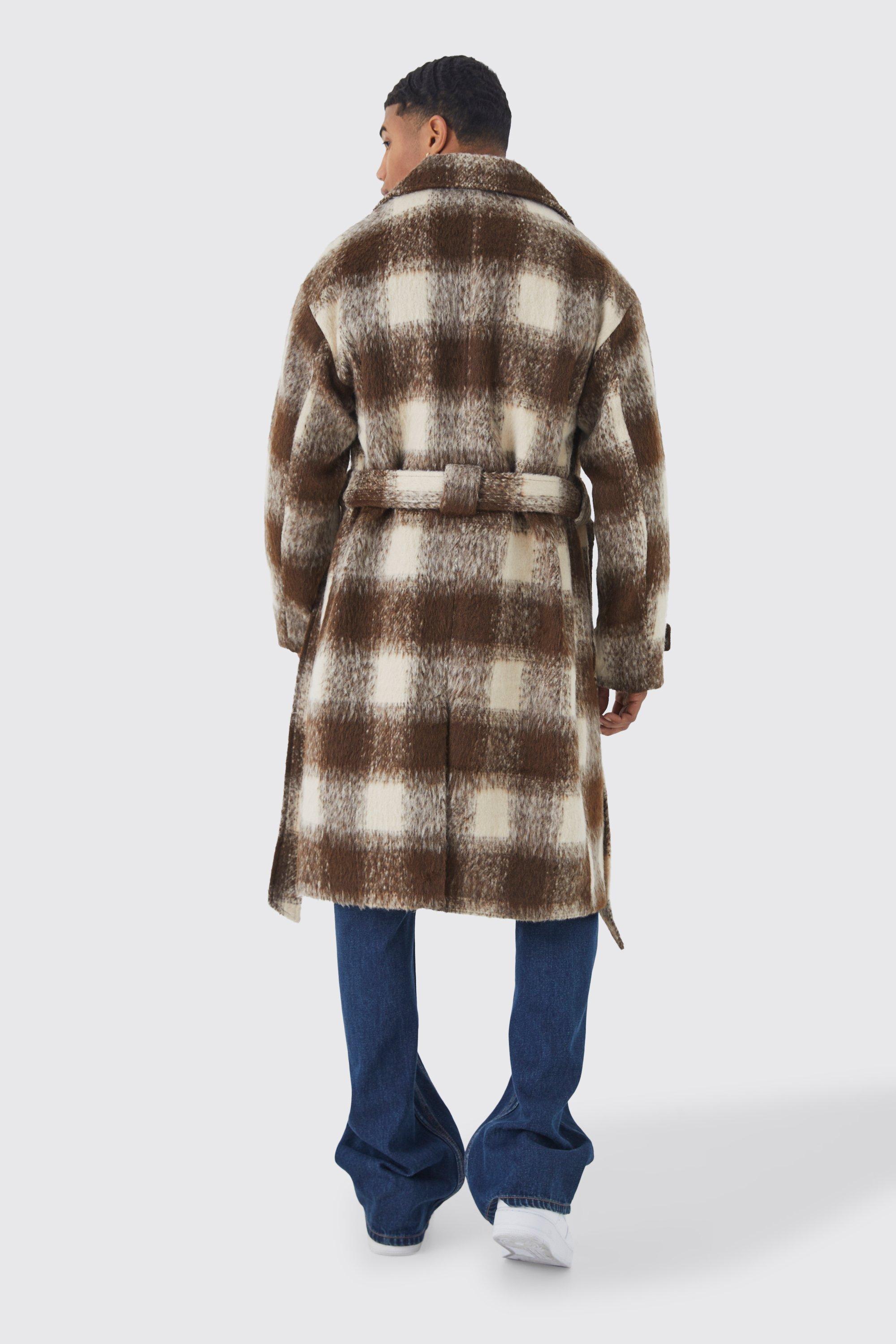 Wool Look Check Long Overcoat With Belt