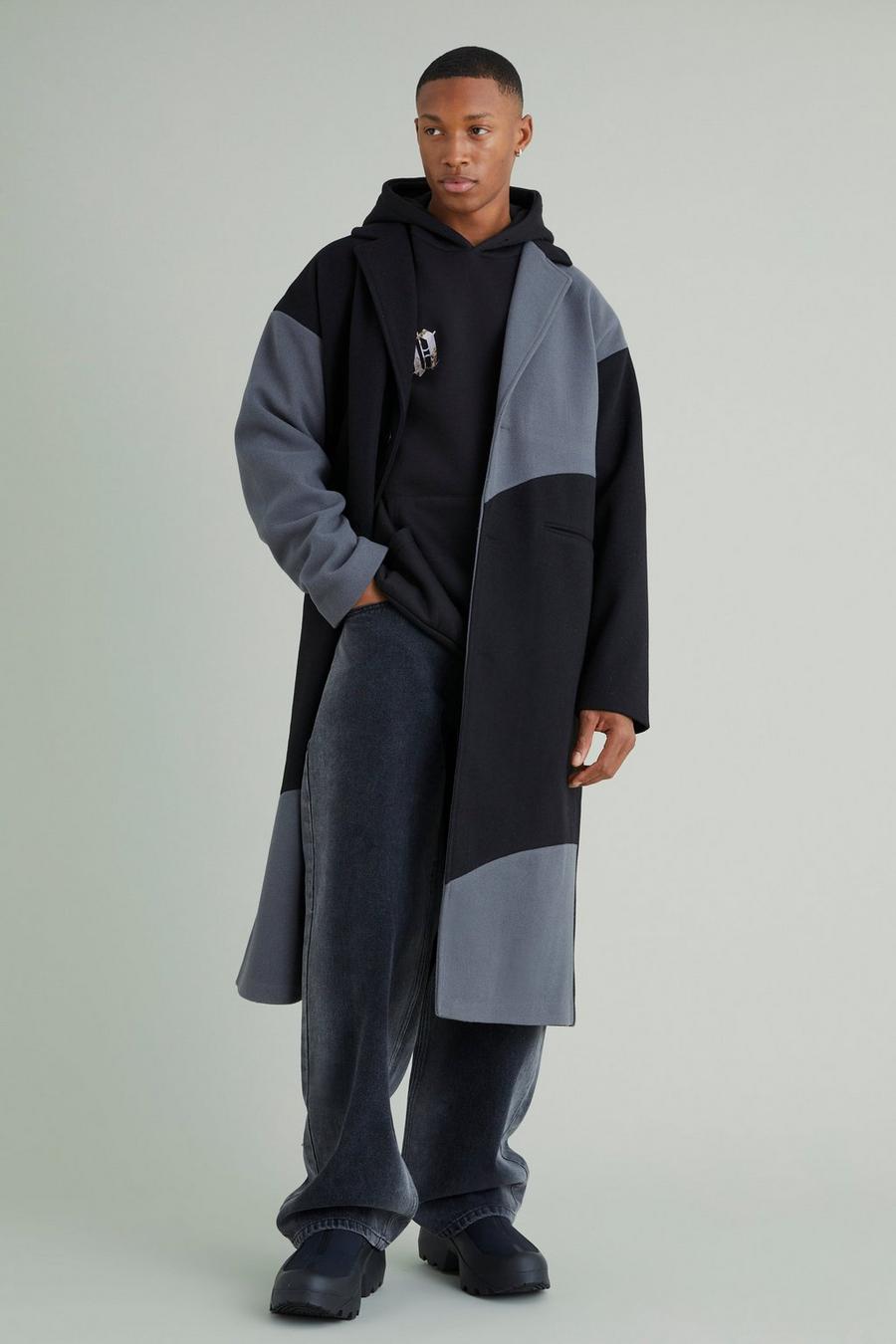 Black Color Block Melton Overcoat
