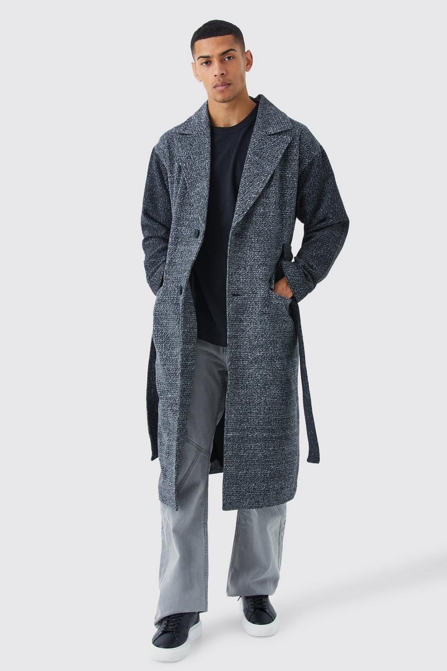 Grey grå Salt & Pepper Contrast Sleeve Belted Overcoat