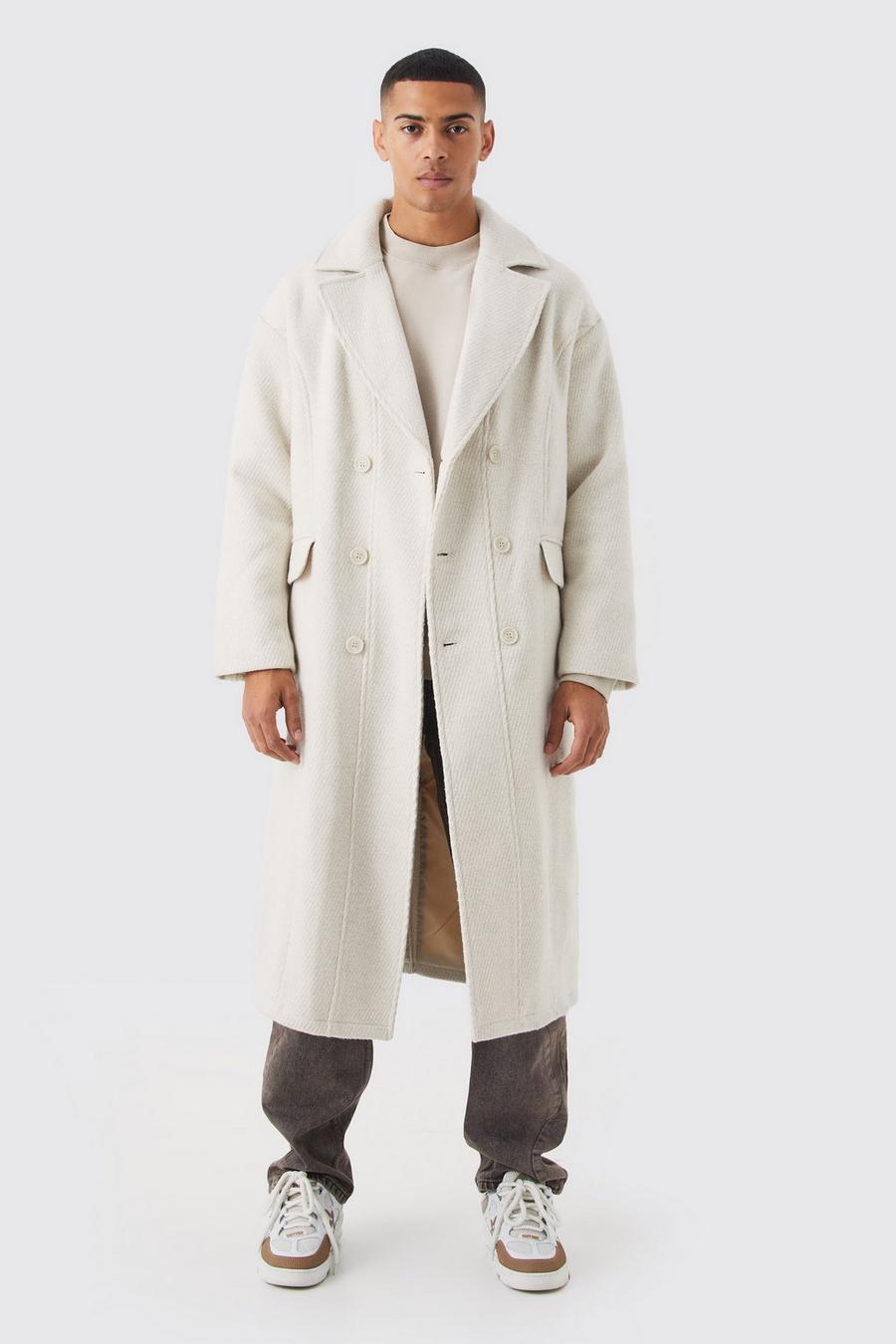 Ecru white Wool Look Double Breasted Textured Overcoat