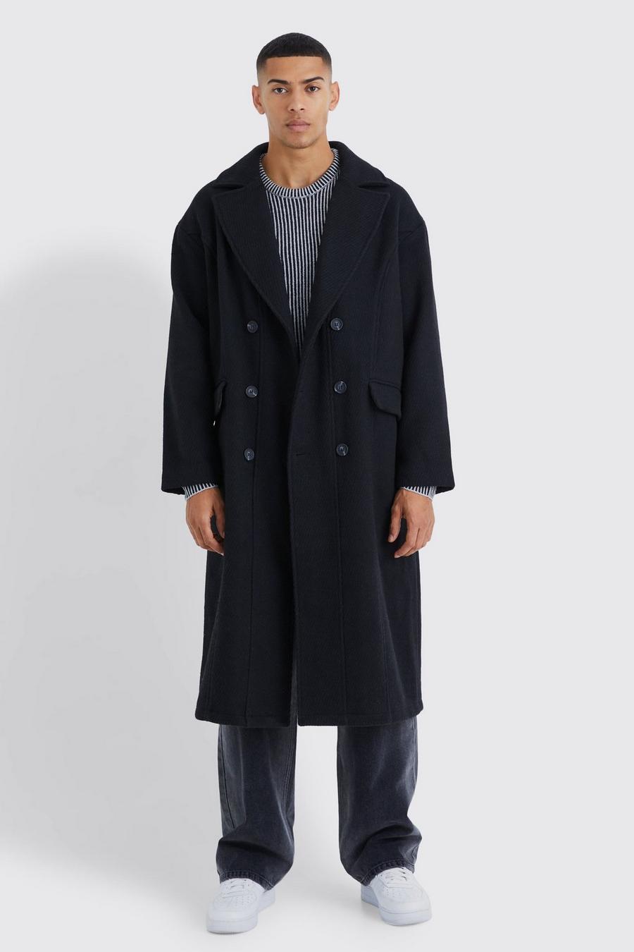 Black Wool Look Double Breasted Textured Overcoat