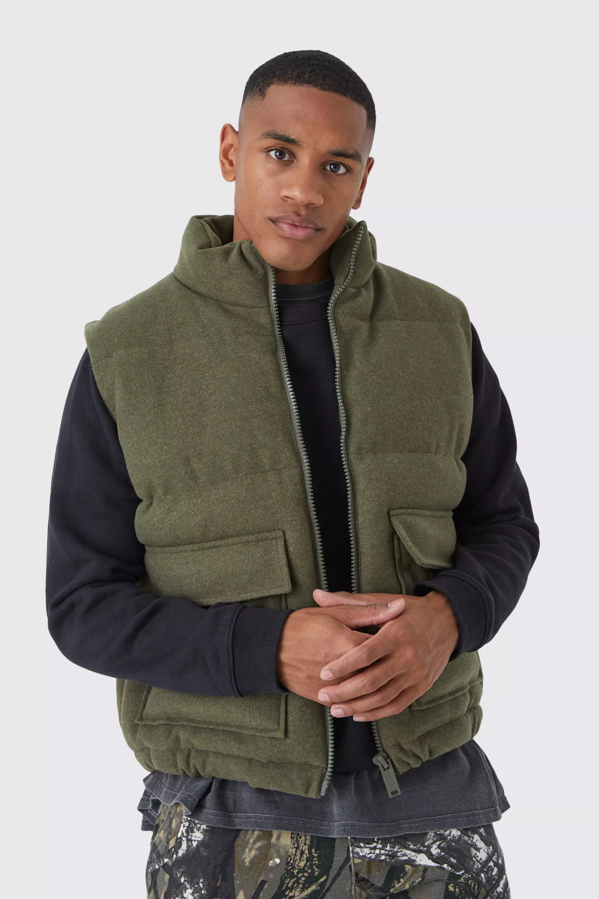 Khaki Funnel Neck Melton Patch Pocket Puffer Gilet alternative image
