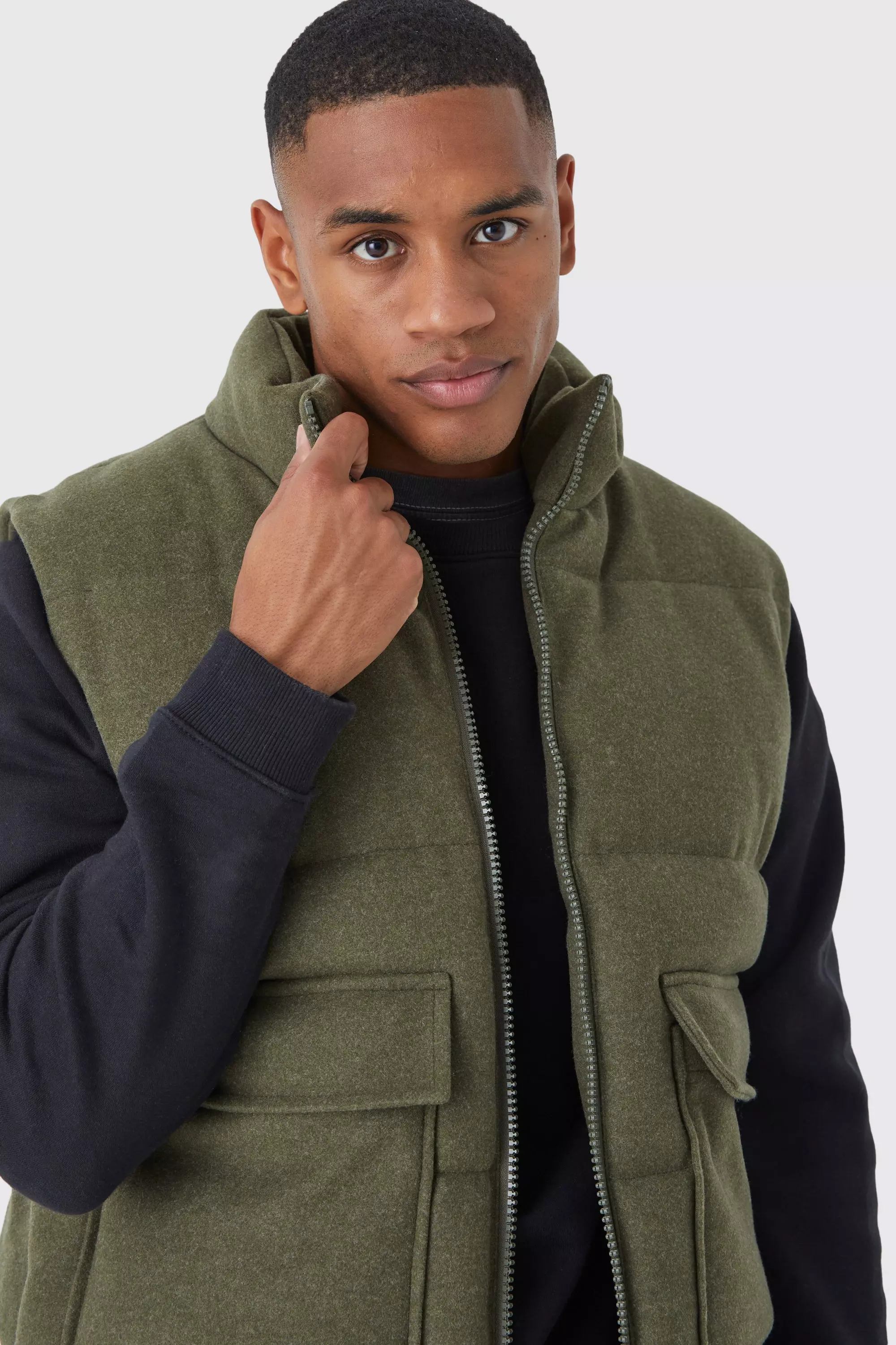 Khaki Funnel Neck Melton Patch Pocket Puffer Gilet alternative image