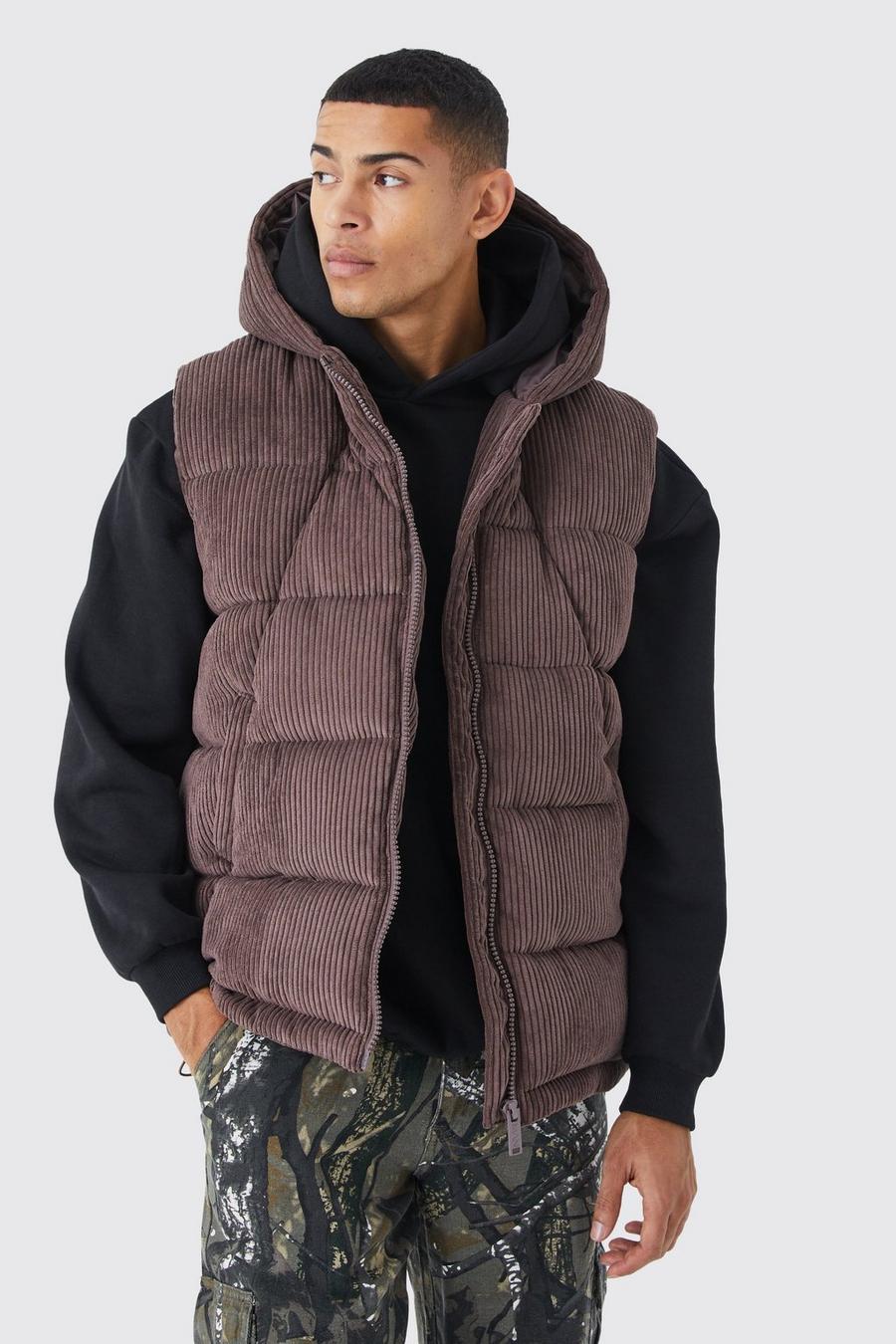 Chocolate Cord Panelled Hooded Puffer Gilet image number 1