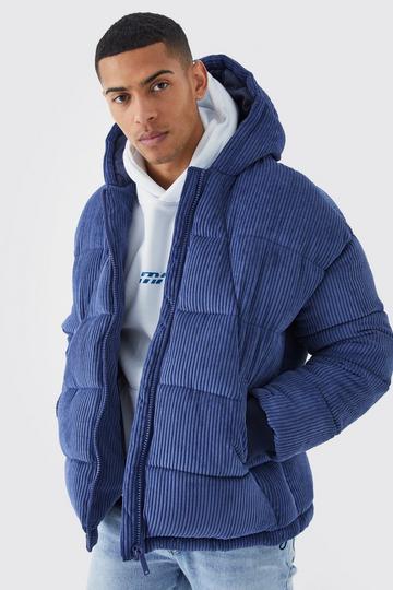Blue Cord Panelled Hooded Puffer