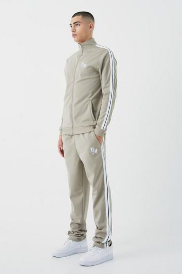 Stone Beige Slim Fit Tricot Side Tape Funnel Neck Tracksuit