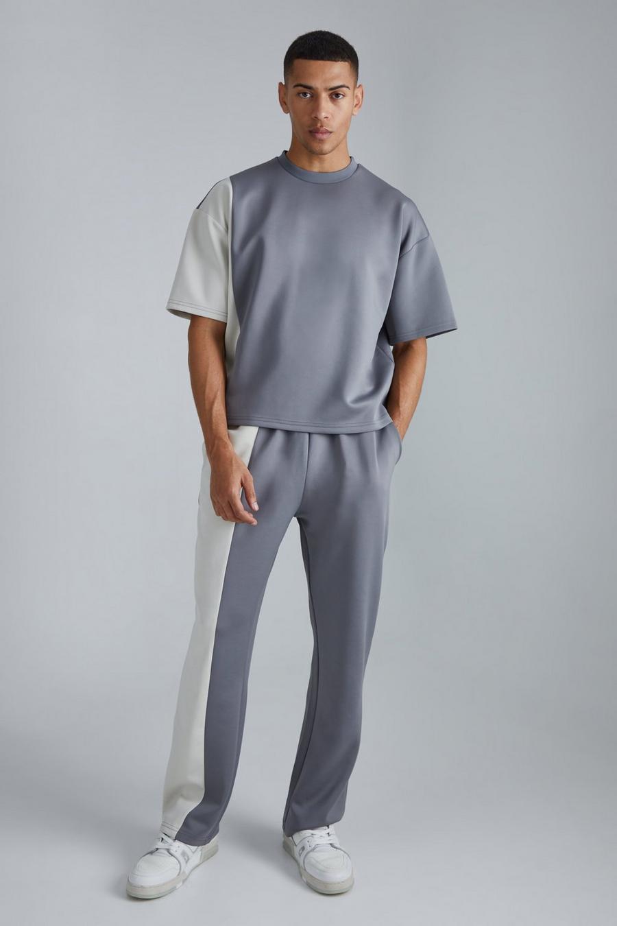Conjunto de pantalón deportivo y camiseta recta de scuba con colores en bloque, Charcoal image number 1