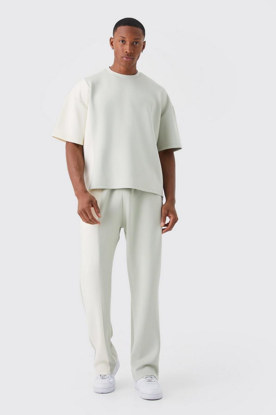 Conjunto de pantalón deportivo y camiseta recta de scuba con colores en bloque, Sage image number 1