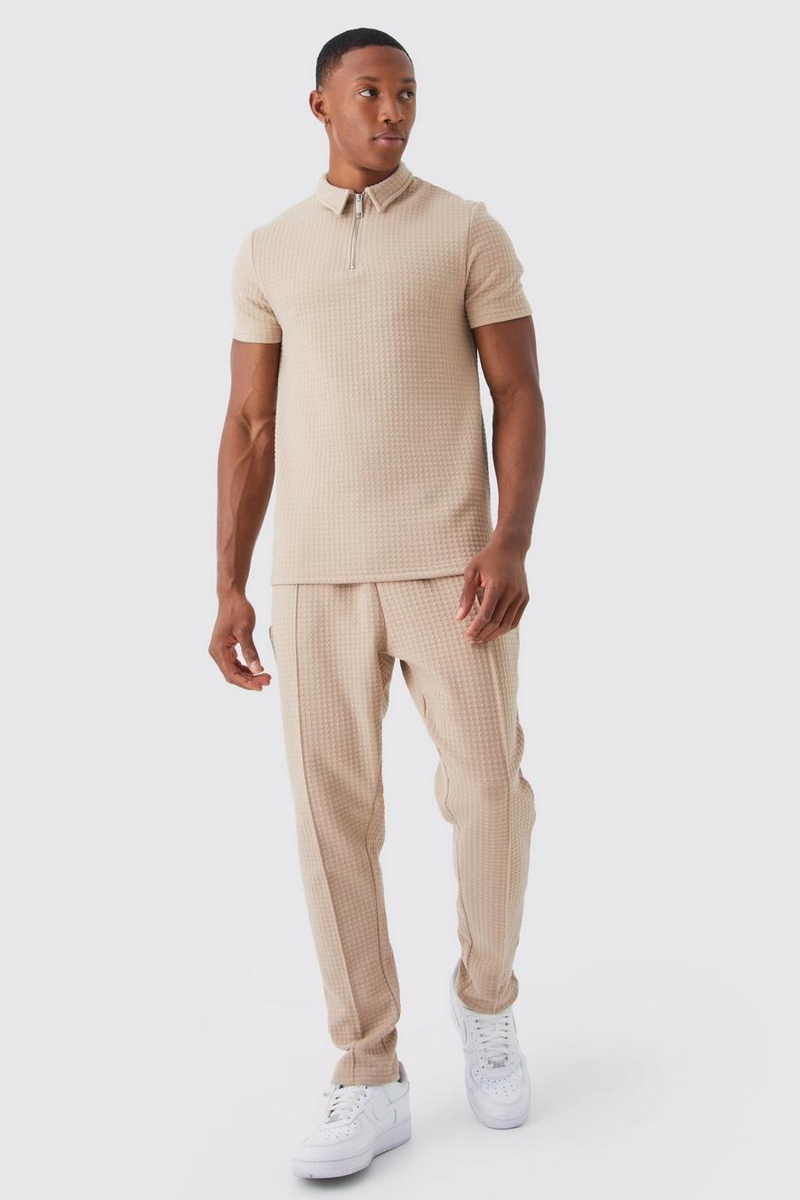 Taupe Muscle Long Sleeve Jacquard Polo Set image number 1