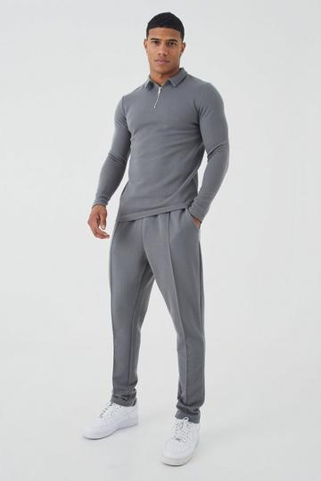 Muscle Long Sleeve Jacquard Polo & Jogger Set charcoal