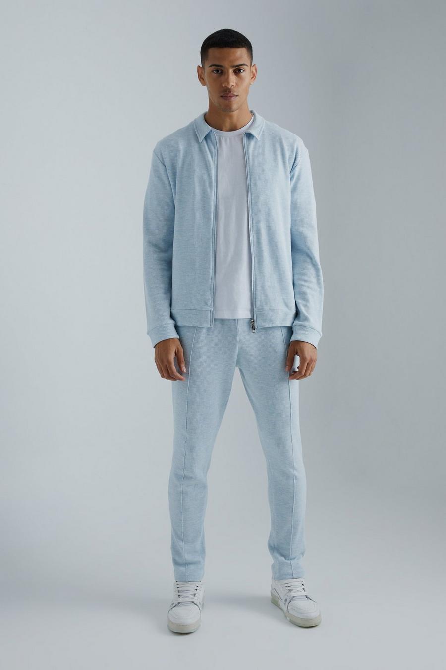 Conjunto de pantalón deportivo y chaqueta Harrington de tela gofre ajustada, Pale blue image number 1