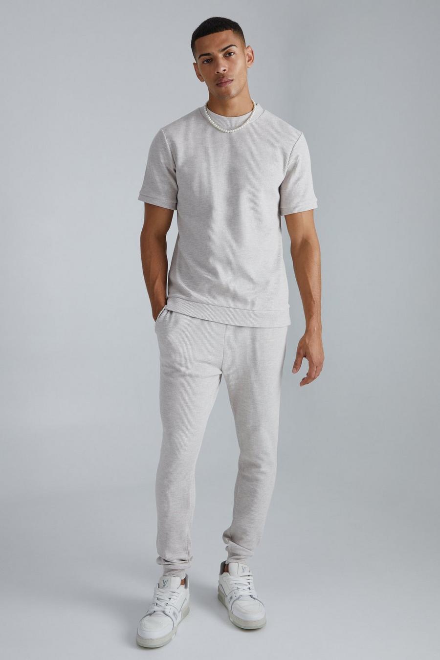 Conjunto de pantalón deportivo y camiseta jaspeada de tela gofre, Taupe image number 1