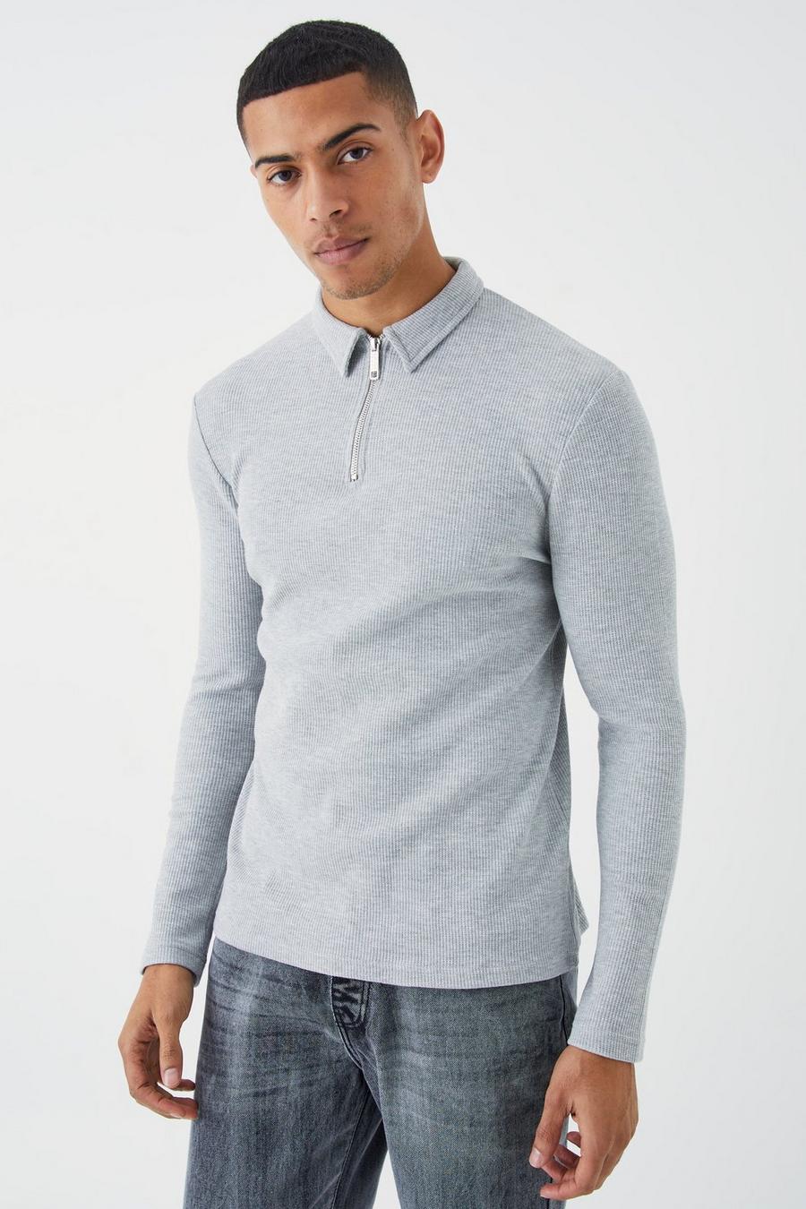 Light grey Muscle Fit Long Sleeve Waffle Polo