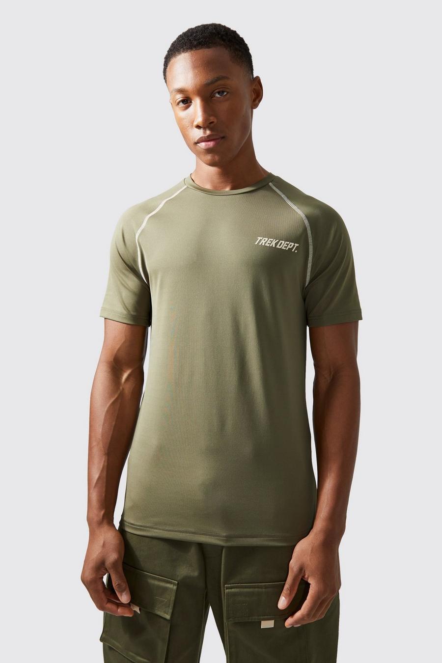 Khaki Active Muscle Fit Topstitch Performance T-Shirt image number 1
