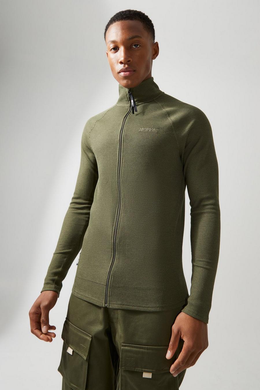 Khaki Active Muscle Fit Funnel Neck Waffle Track Top