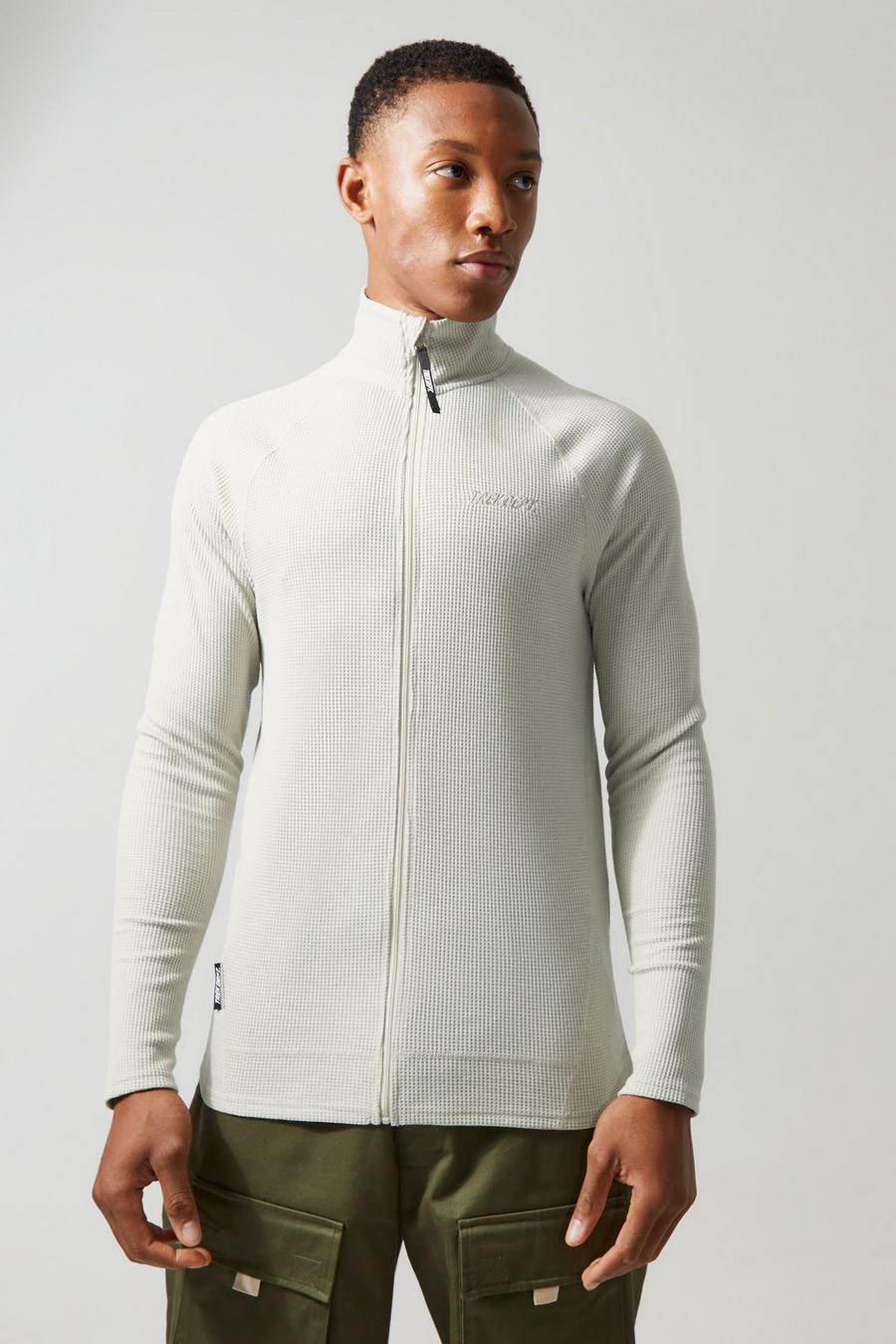 Stone beige Active Muscle Fit Funnel Neck Waffle Track Top