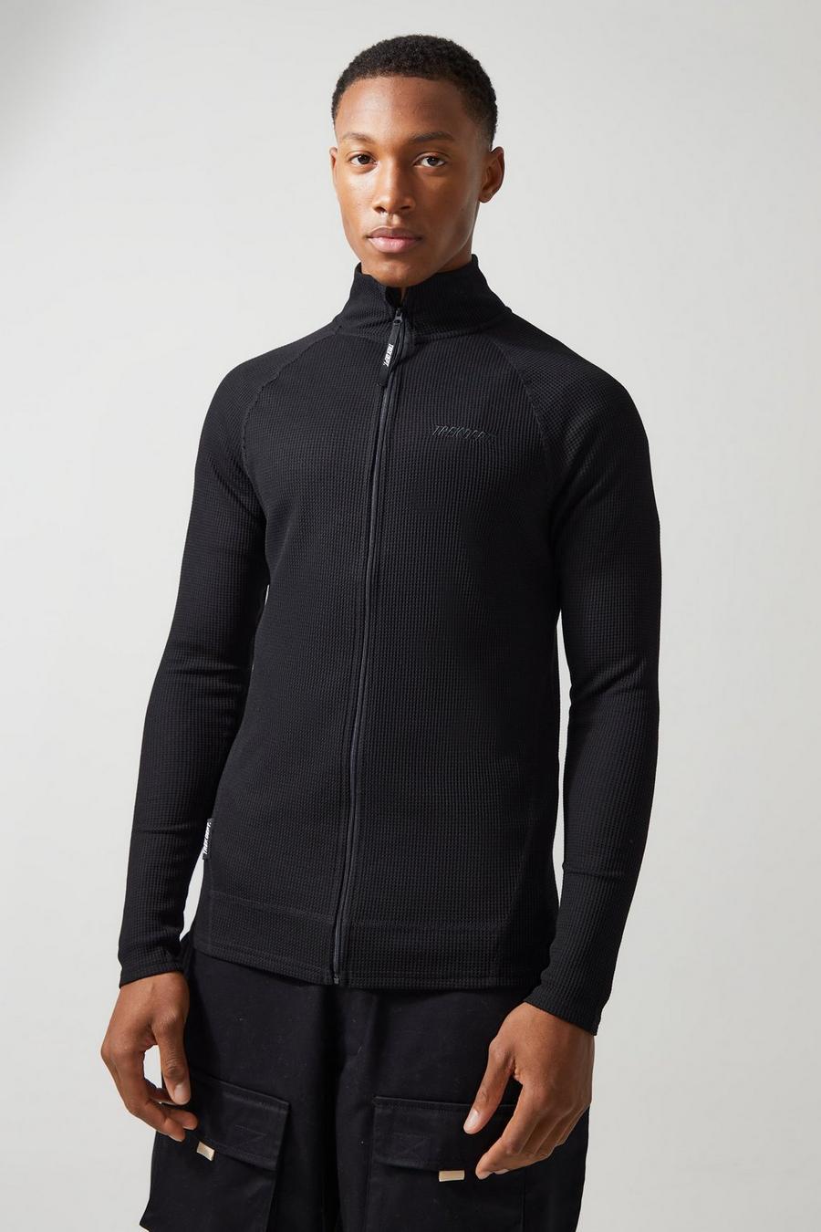 Black Active Muscle Fit Funnel Neck Waffle Track Top image number 1