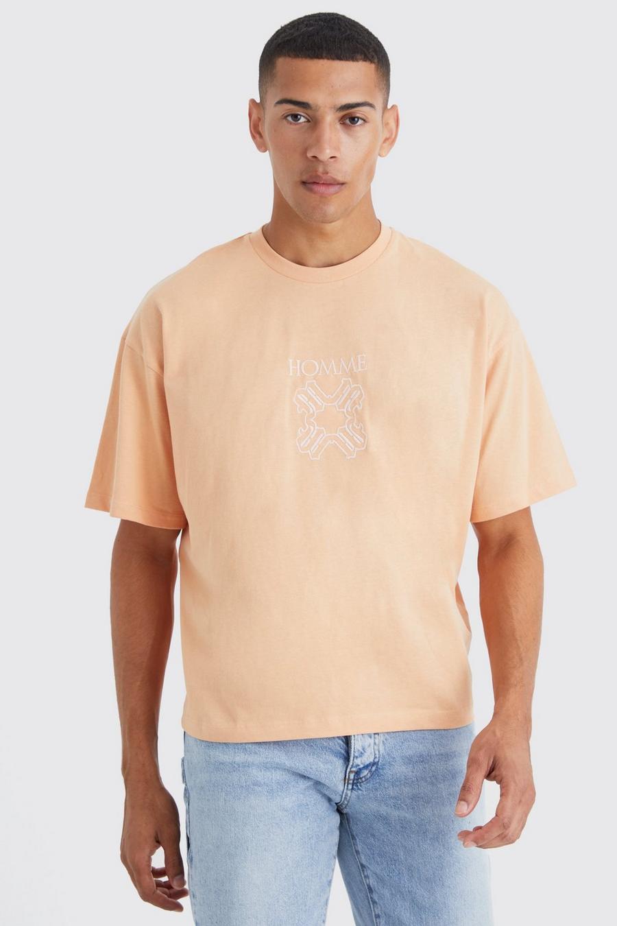Kastiges T-Shirt mit Homme-Stickerei, Peach