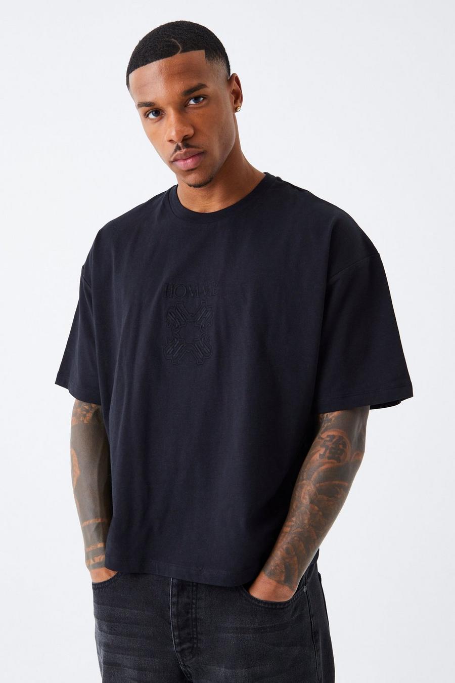 Camiseta recta con bordado Homme, Black image number 1
