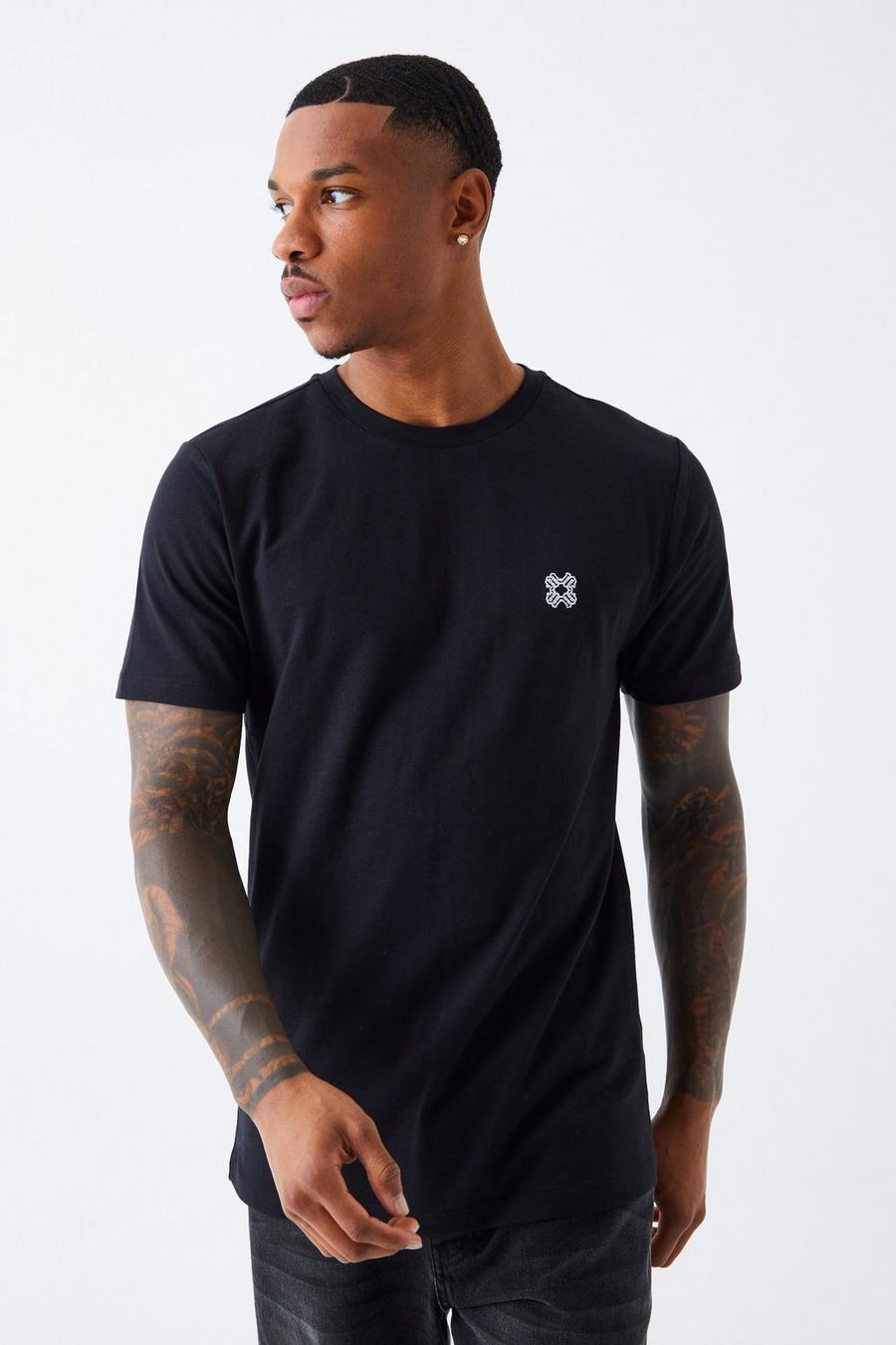 Black noir Geborduurd Slim Fit Homme T-Shirt