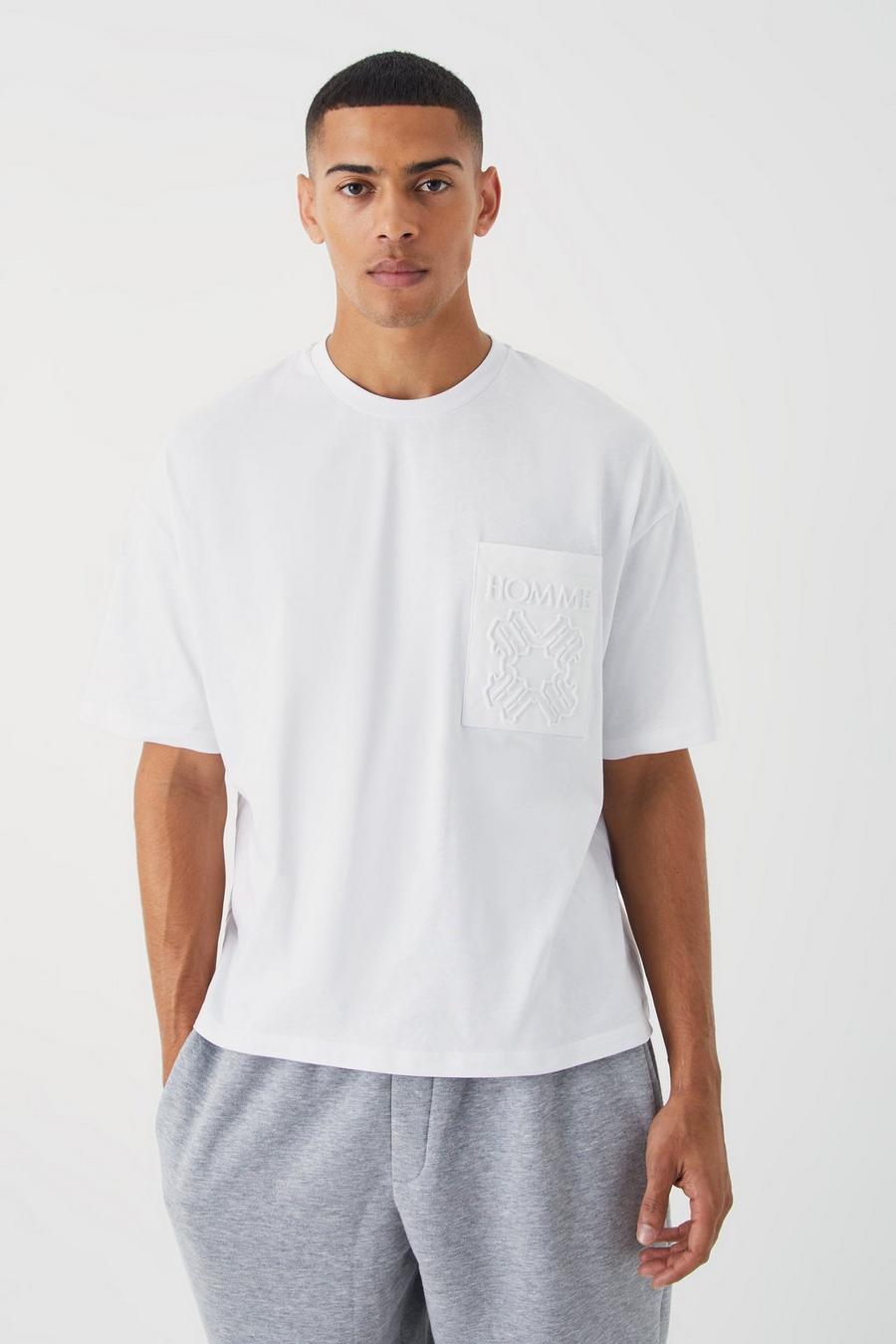 White Boxy Homme PU T-Shirt Met Zakken image number 1