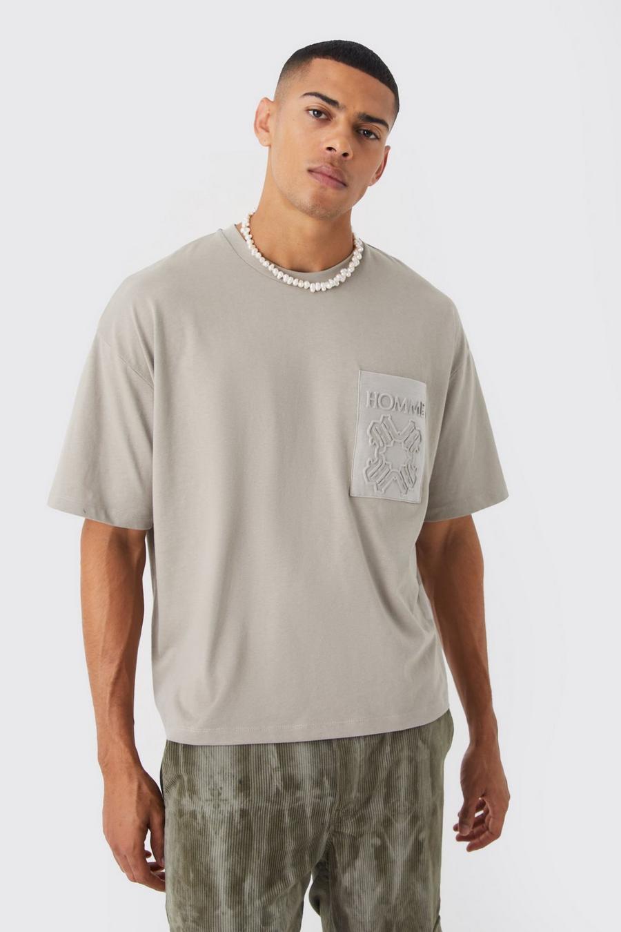 Kastiges Homme T-Shirt mit PU-Tasche, Charcoal image number 1