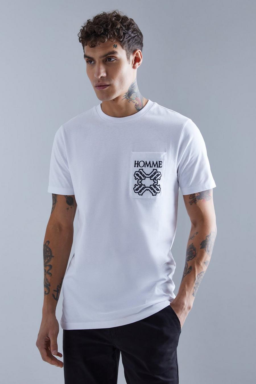 T-shirt Slim Fit Homme con ricami e tasche, White blanco