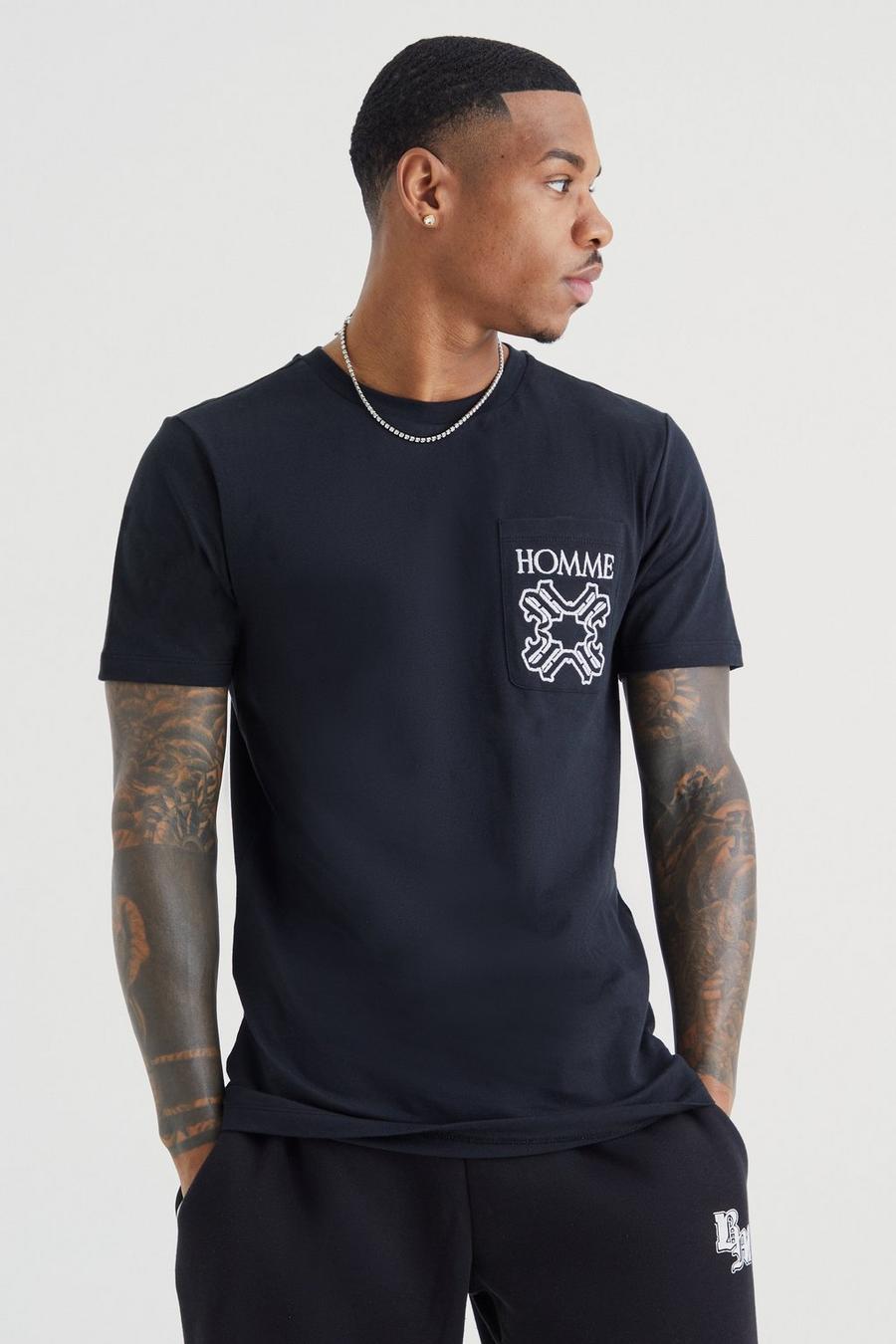 T-shirt Slim Fit Homme con ricami e tasche, Black image number 1