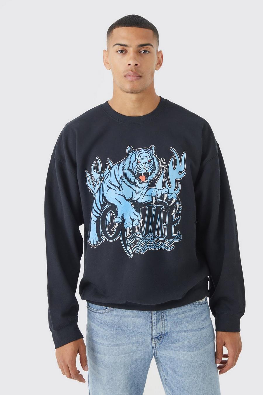 Black svart Oversized Tiger Graphic Sweatshirt