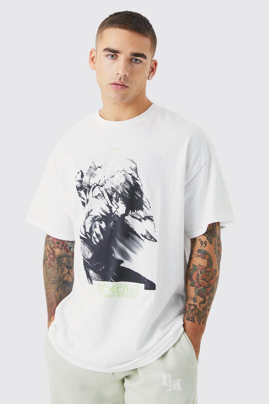 Camiseta oversize con estampado de anime Cowboy Bepop, White image number 1
